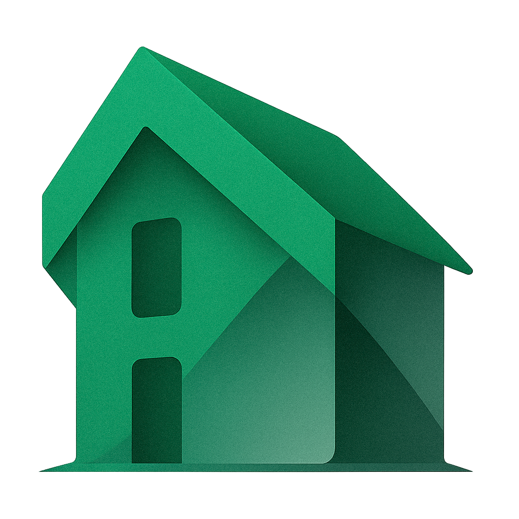 Digital illustration of a house icon in shades of green with layered geometric shapes.