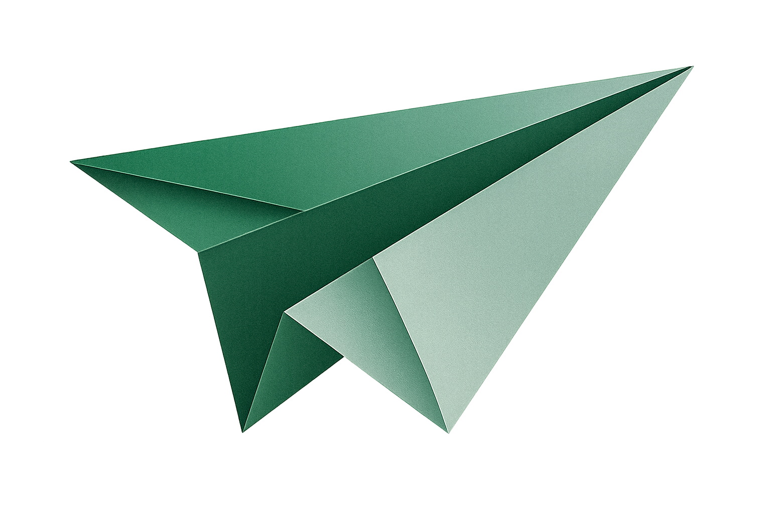 Digital illustration of a 3D paper airplane flying through a cloudy sky in shades of green.