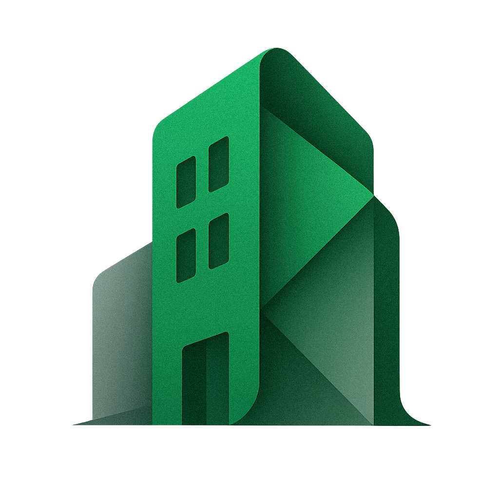 Green, stylized building with four small windows and a large, triangular geometric shape on the right.