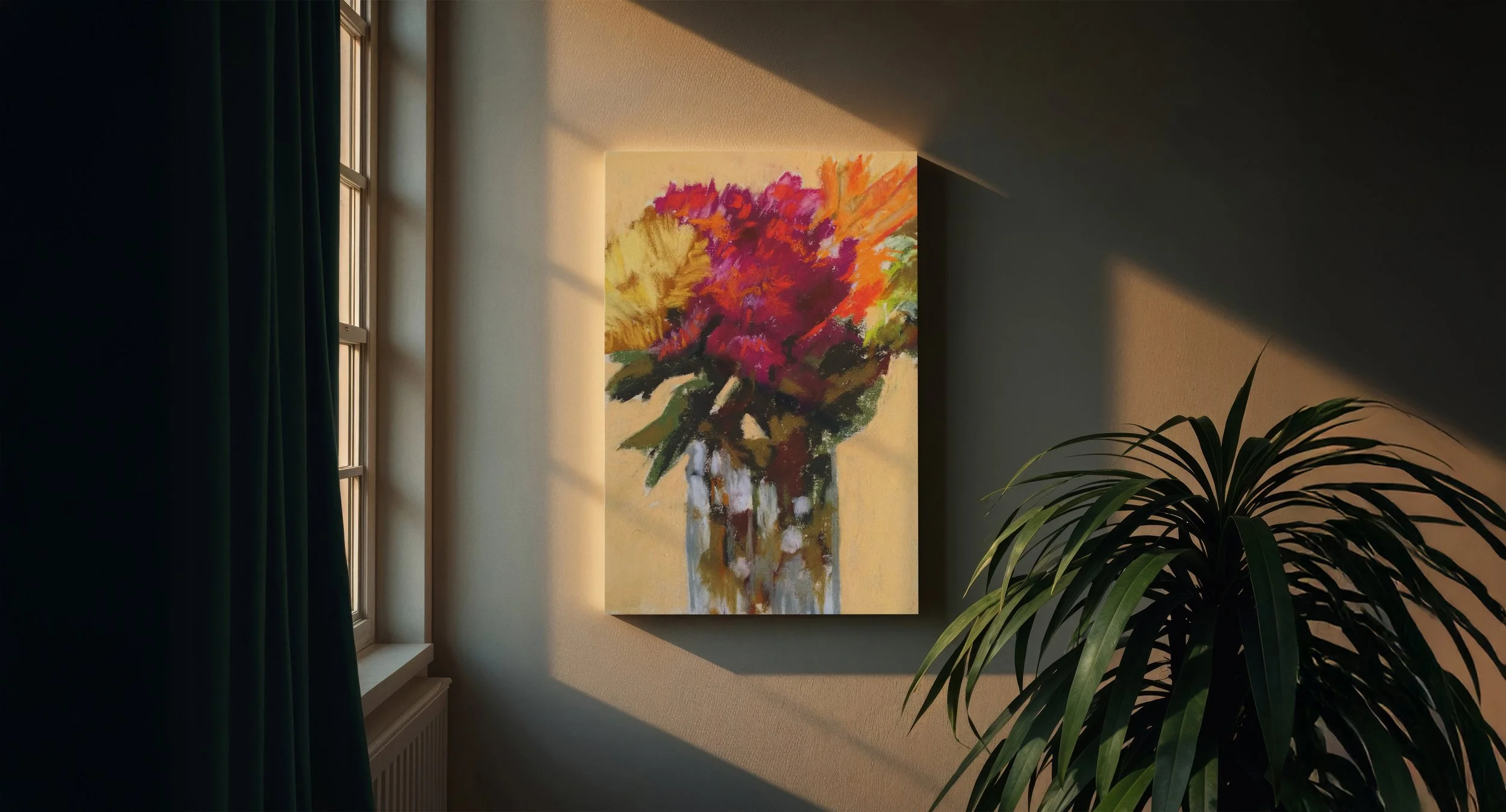 Sunlight streaming through a window illuminating a colorful abstract painting of a flower in a vase hanging on a beige wall, with a houseplant in the foreground.