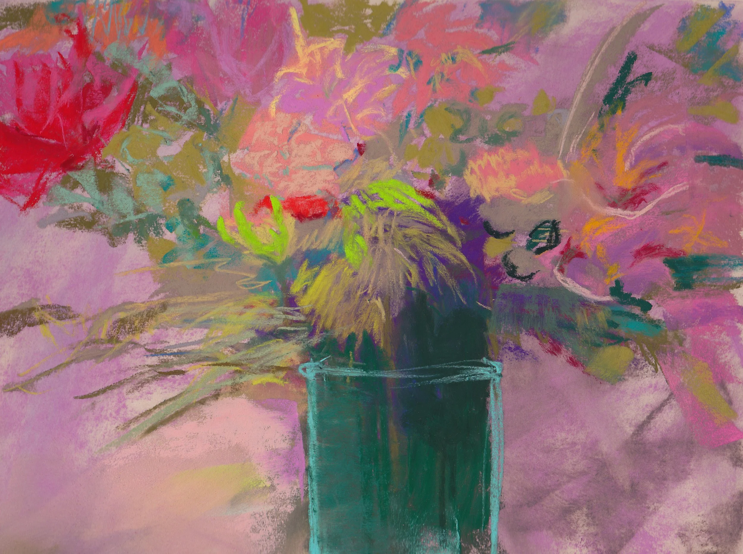 A colorful digital drawing of a flower arrangement in a tall glass vase, with pink, yellow, purple, and green hues.