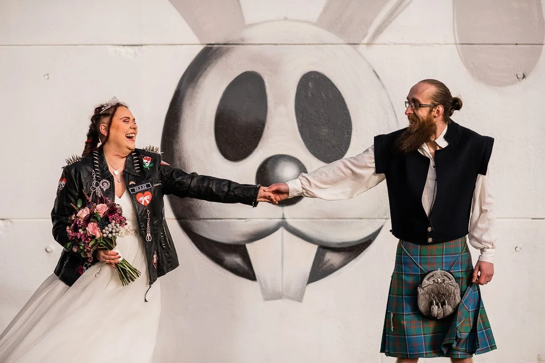 Bride and Groom at bunny mural