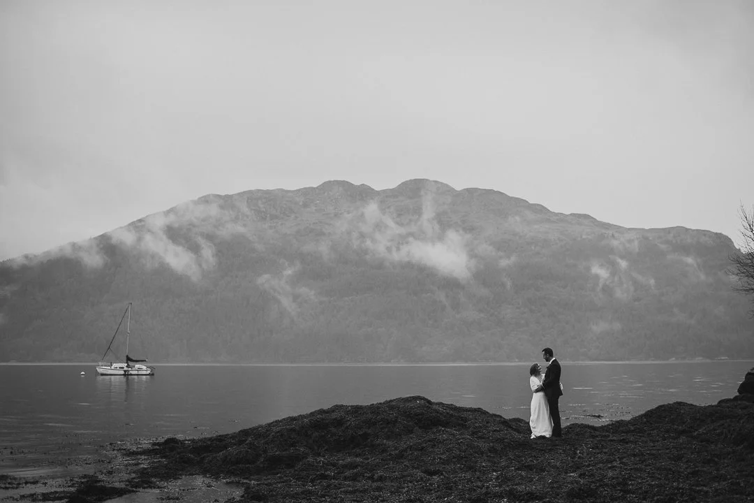 Black and white wedding loch Goil