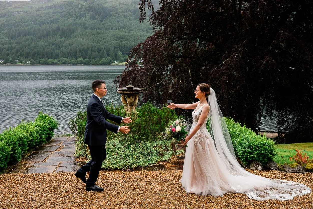 Bride and groom see each other for the first time at elopement