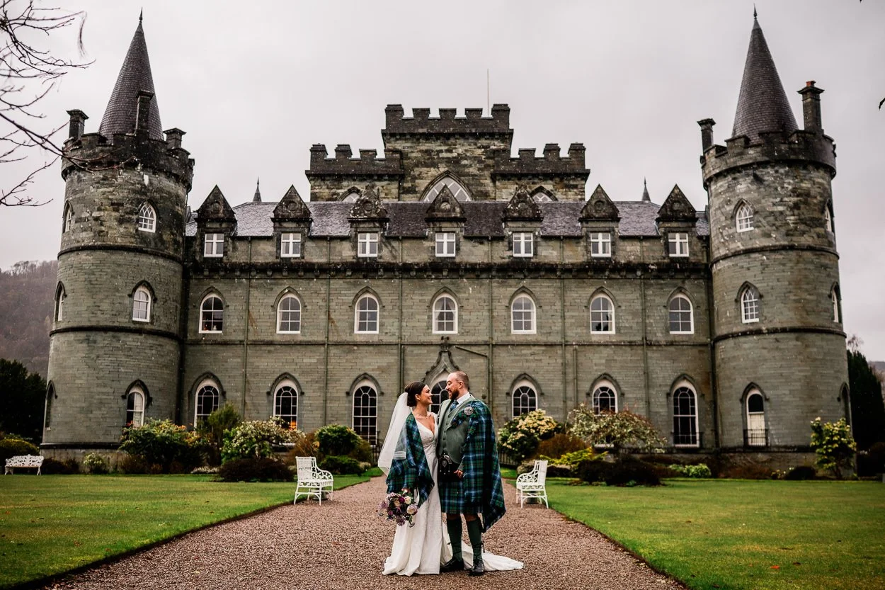 Wedding portrait with Inveraray Castle in the background