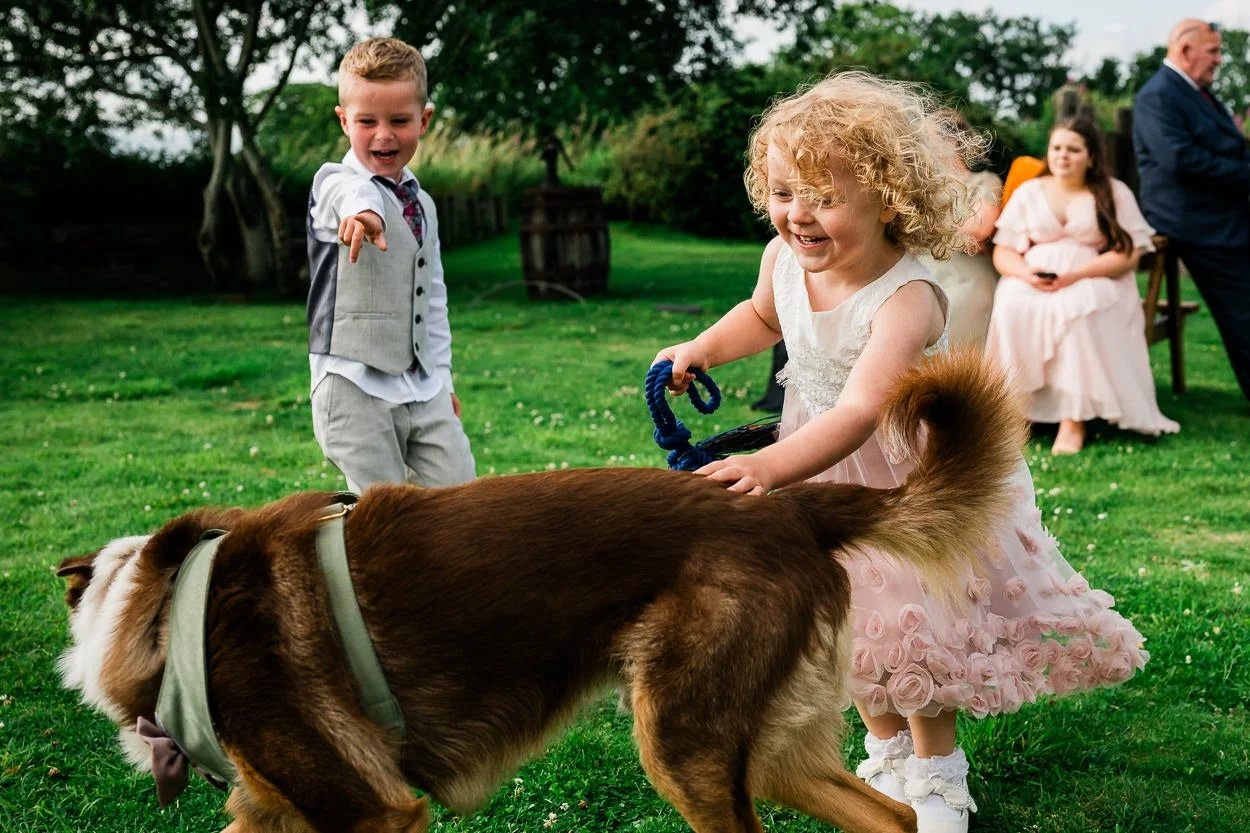 Two-children-playing-with-a-dog-at-a-wedding