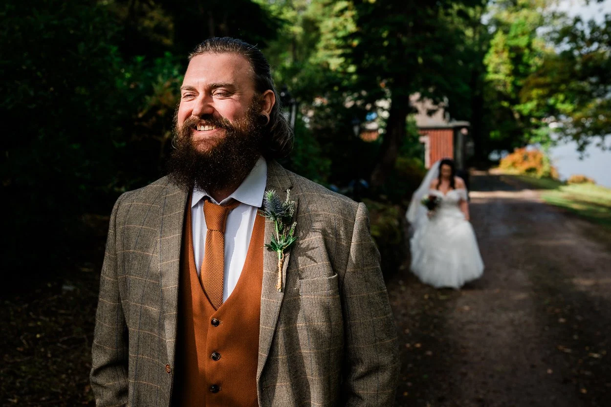 Groom waiting for bride in anticipation of first look at elopement