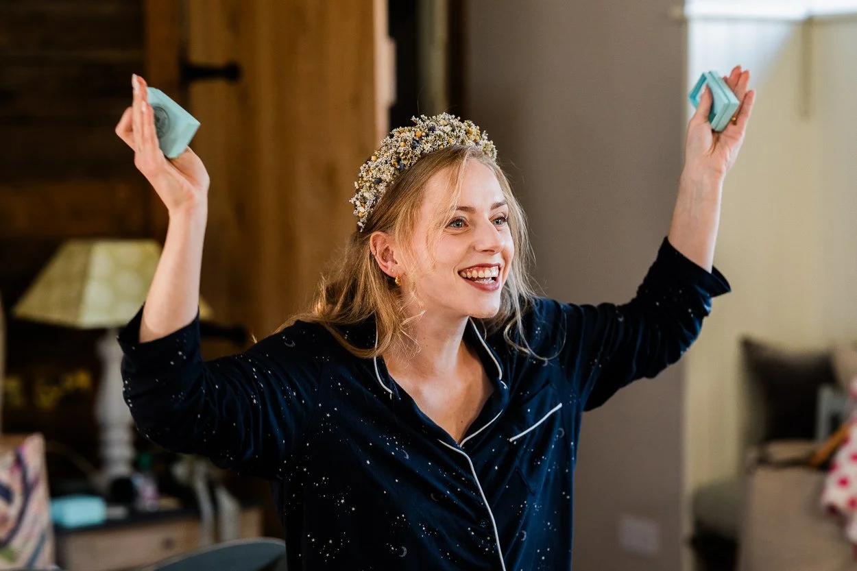 Bride in pyjamas at byre at inchyra