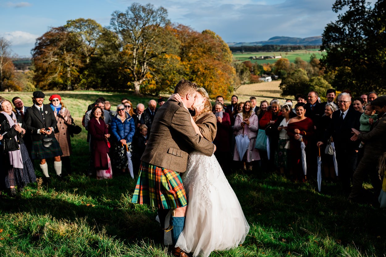 First kiss during ceremony at Byre at Inchyra