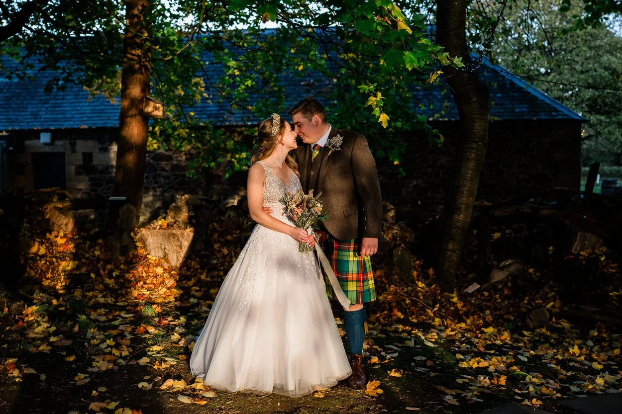 Autumn golden light wedding portraits at Byre at Inchyra
