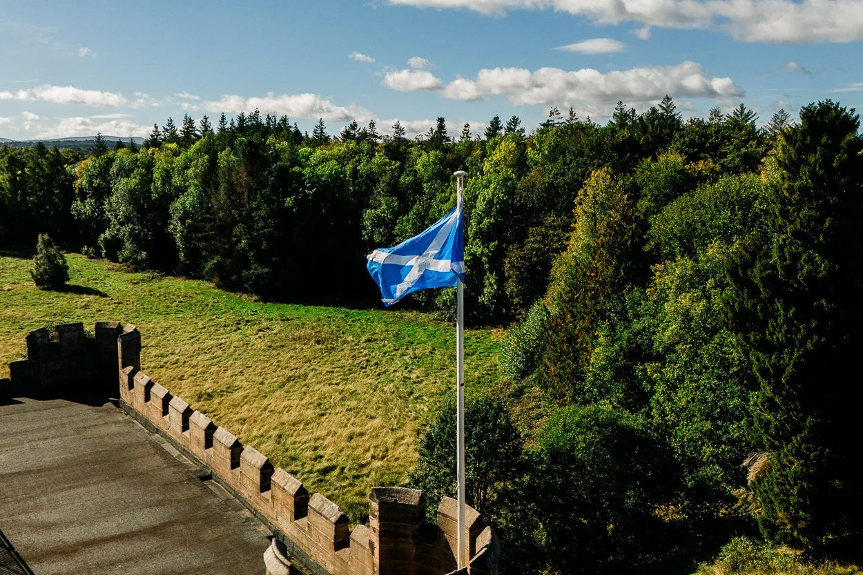 Scotland flag waving on Dalhousie Castle