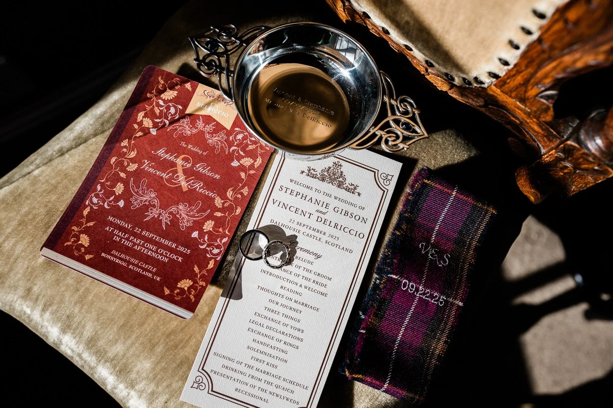 Layflat of wedding details at Dalhousie Castle