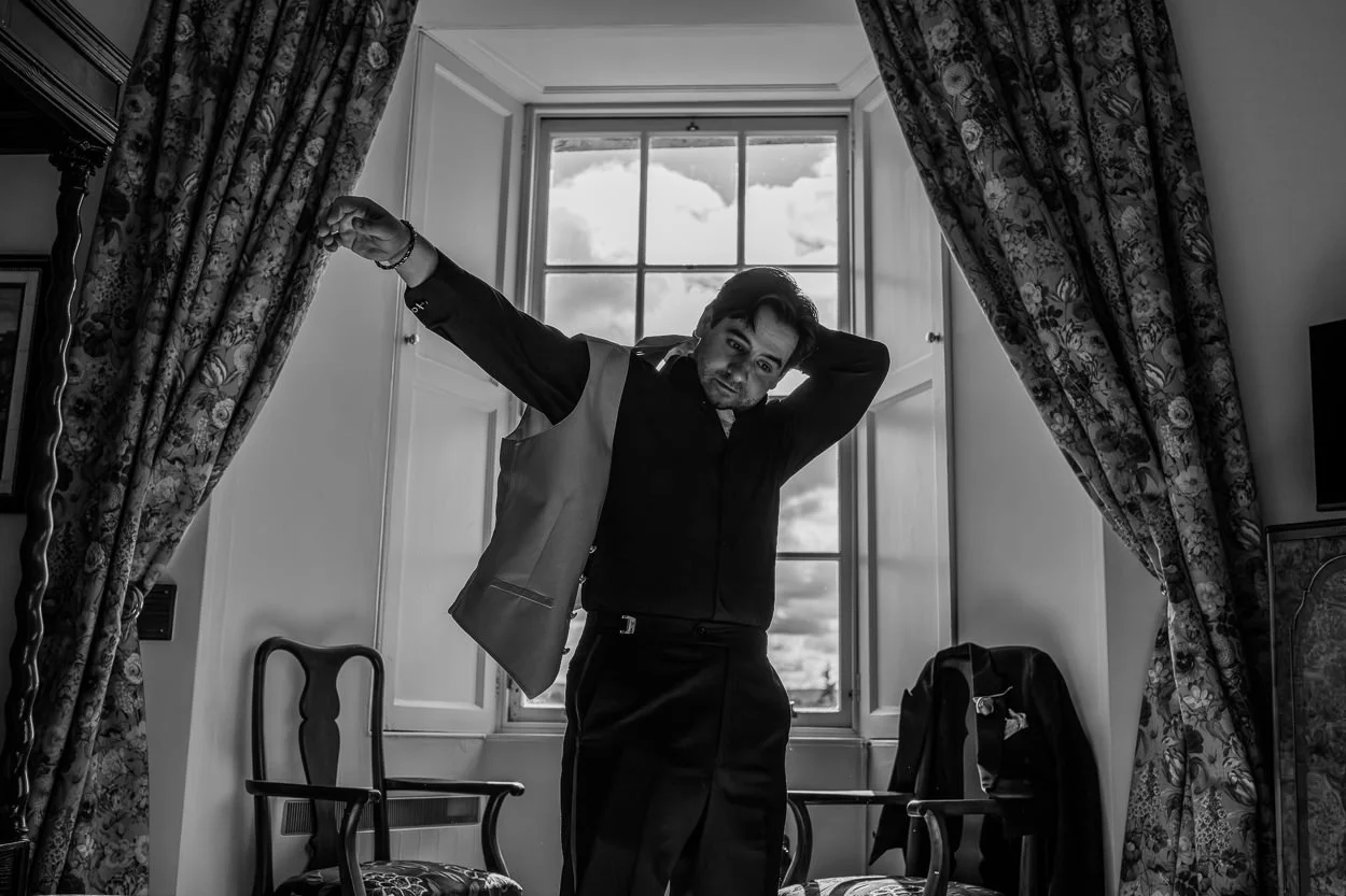 Groom preparing for Dalhousie Castle elopement