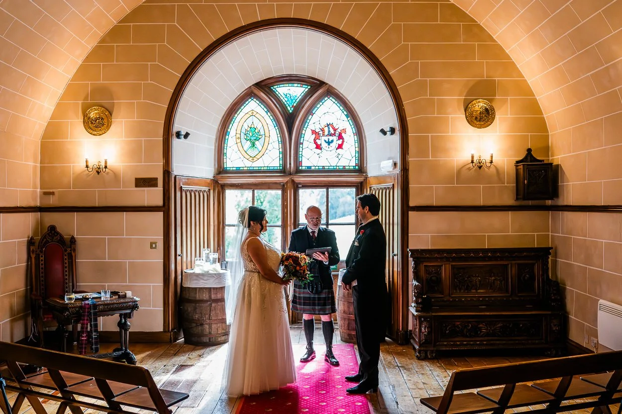 Wedding ceremony at Dalhousie Castle chapel