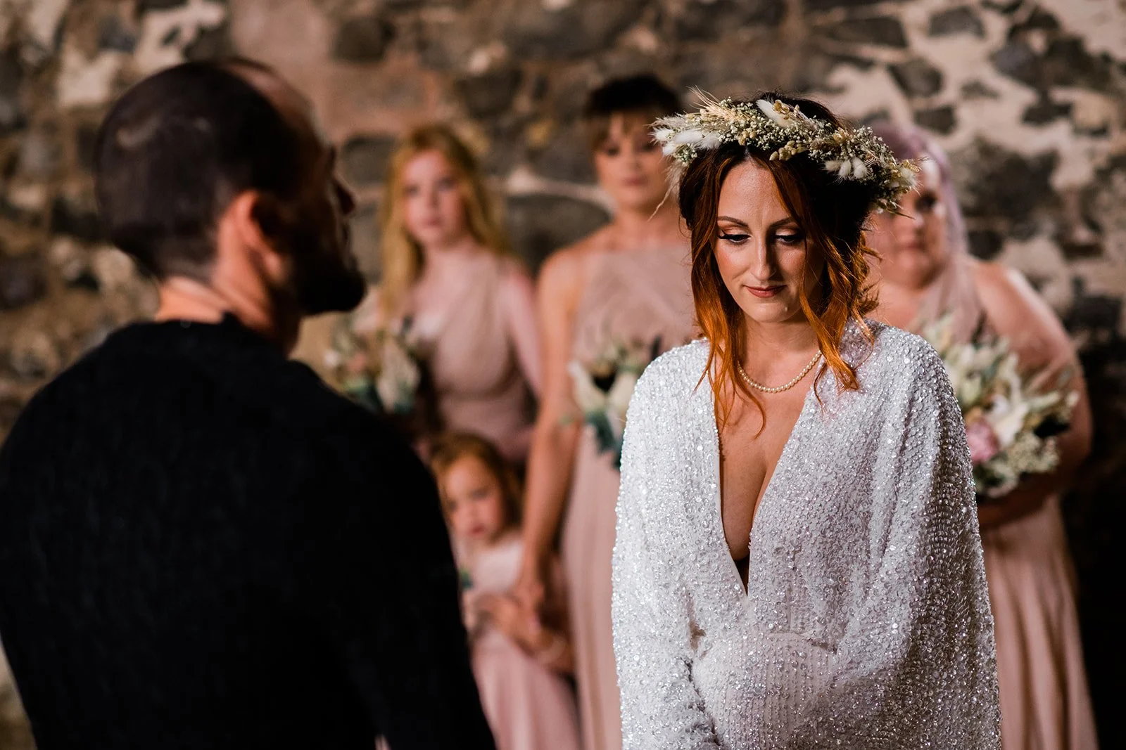 The bride smiles as she arrives for the ceremony at Pratis Barns.
