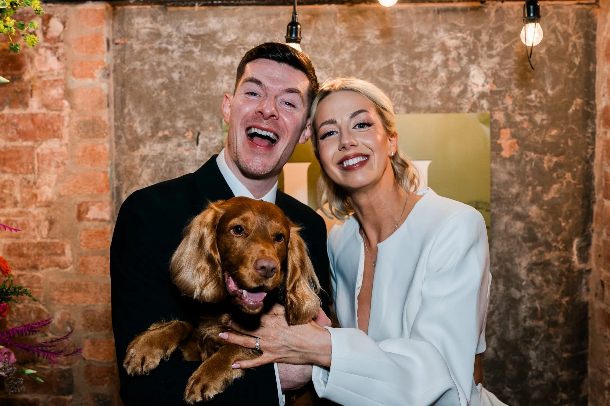 Bride and Groom with their dog at Bridge Gardens Glasgow