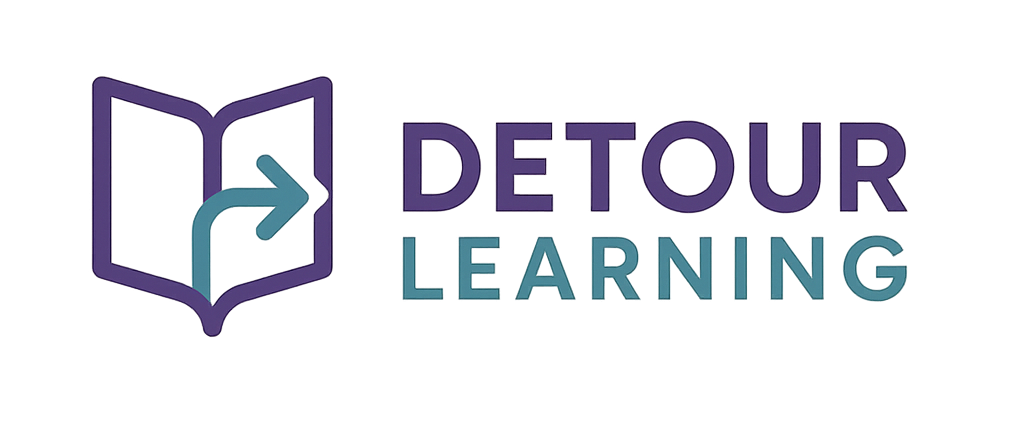Detour Learning logo - a purple outline of an open book with a teal arrow pointing away and off the page