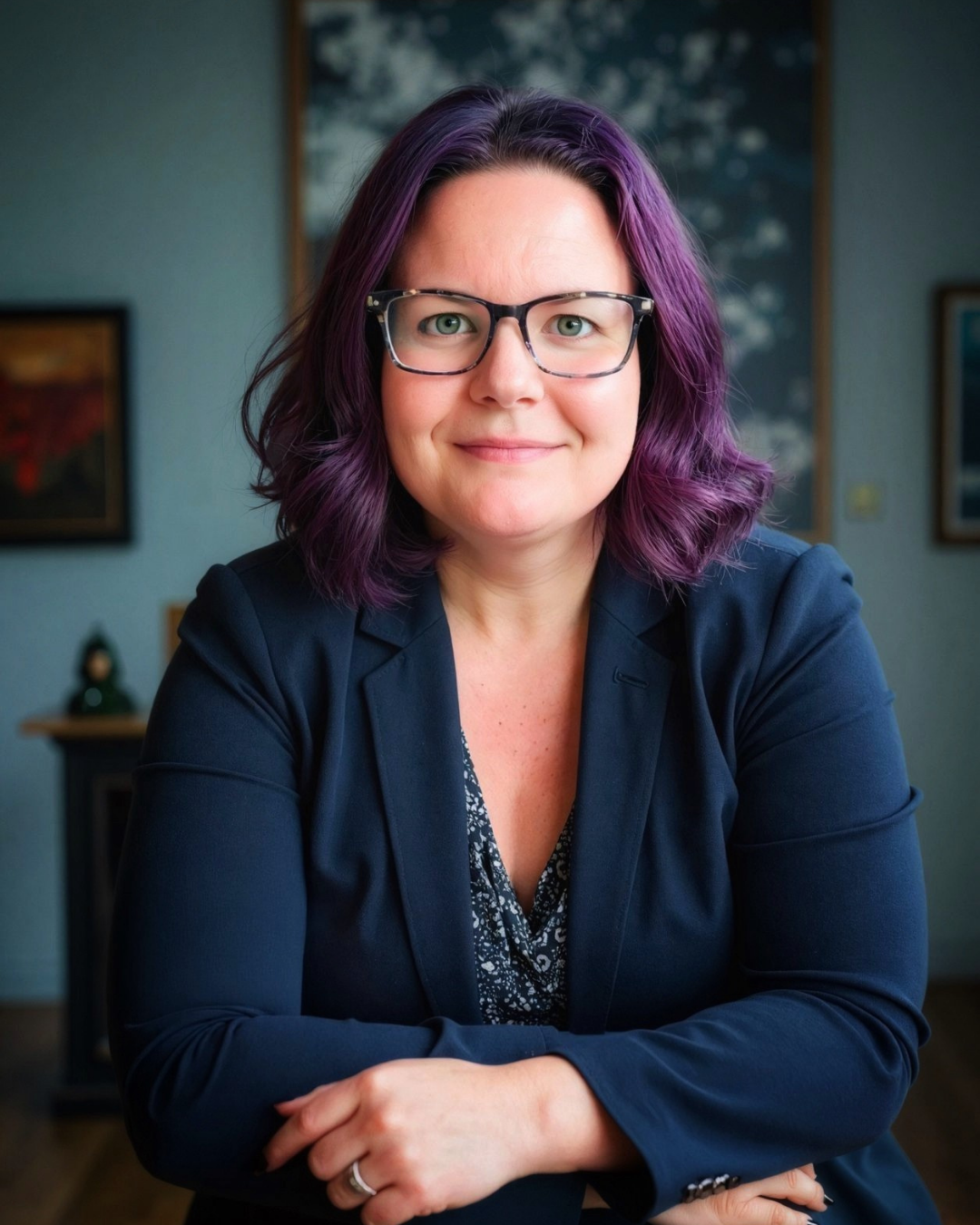 Tara is a white woman in her mid-40s with purple hair and glasses. She sits in a museum and smiles for the camera.