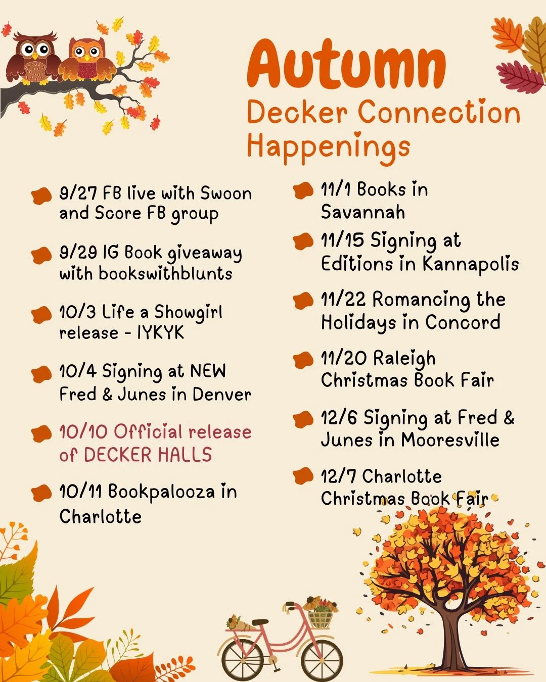 Fall 🍁 in Love ❤️ with The Decker Connection! Lots of fun events on the schedule &mdash; where will our meet cute happen? #booksta #indieauthor #newrelase #lifeofashowgirl #fallevents #booksigning