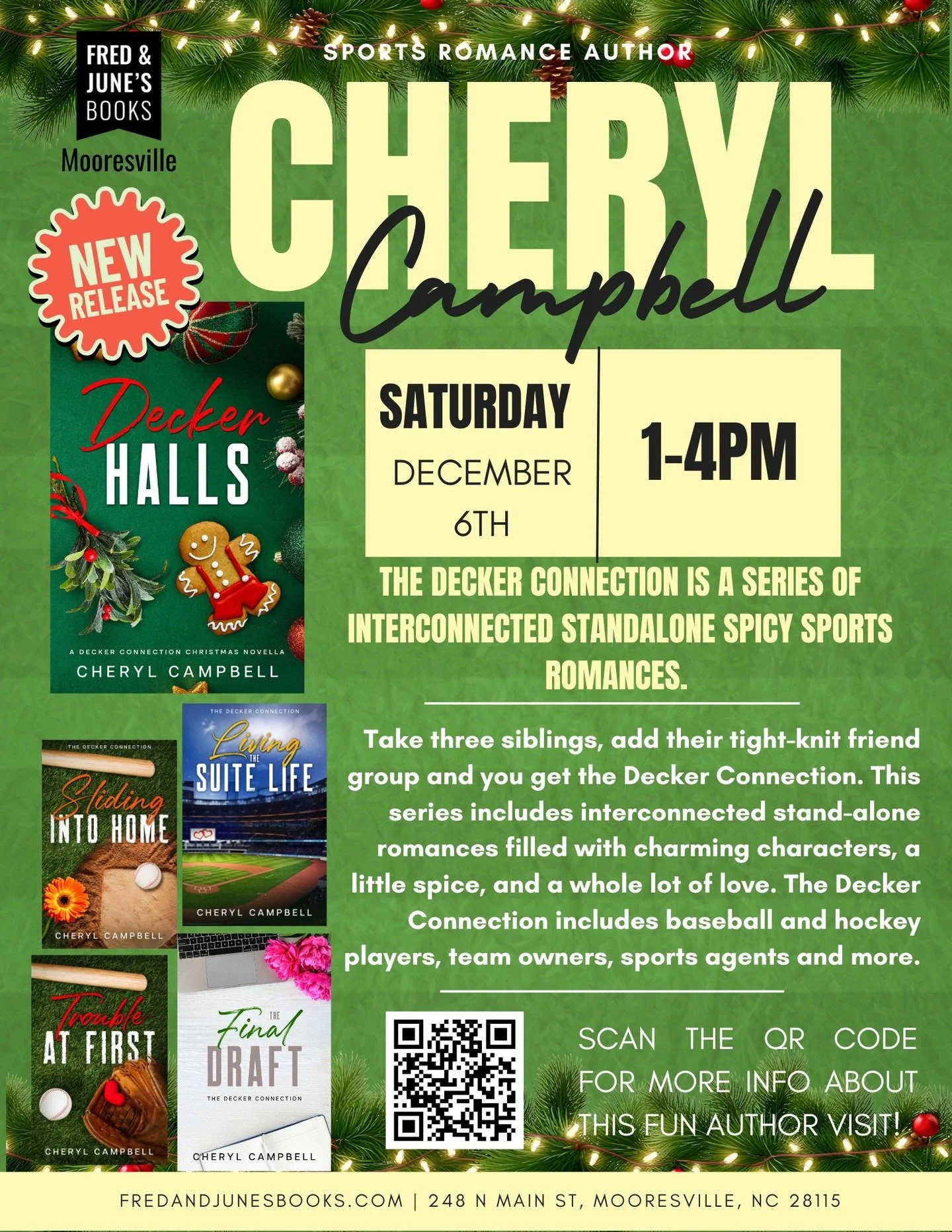 'tis the season to Deck the Halls with love and laughter - and holiday novellas and Christmas swag. Join me this Saturday at @fredandjunes in Mooresville. I'll have my new Christmas novella that will give you all the cozy holiday feels. Sully Decker 