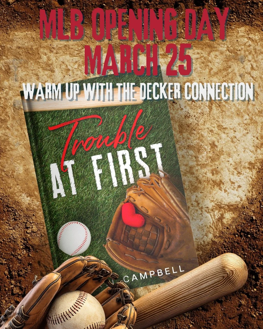 It's almost time to "PLAY BALL!" While you count down the days, warm up with Trouble at First,a Savannah Bananas inspired college romance and book one of The Decker Connection. #mlbopeningday #indieauthor #kindleunlimited #baseballromance