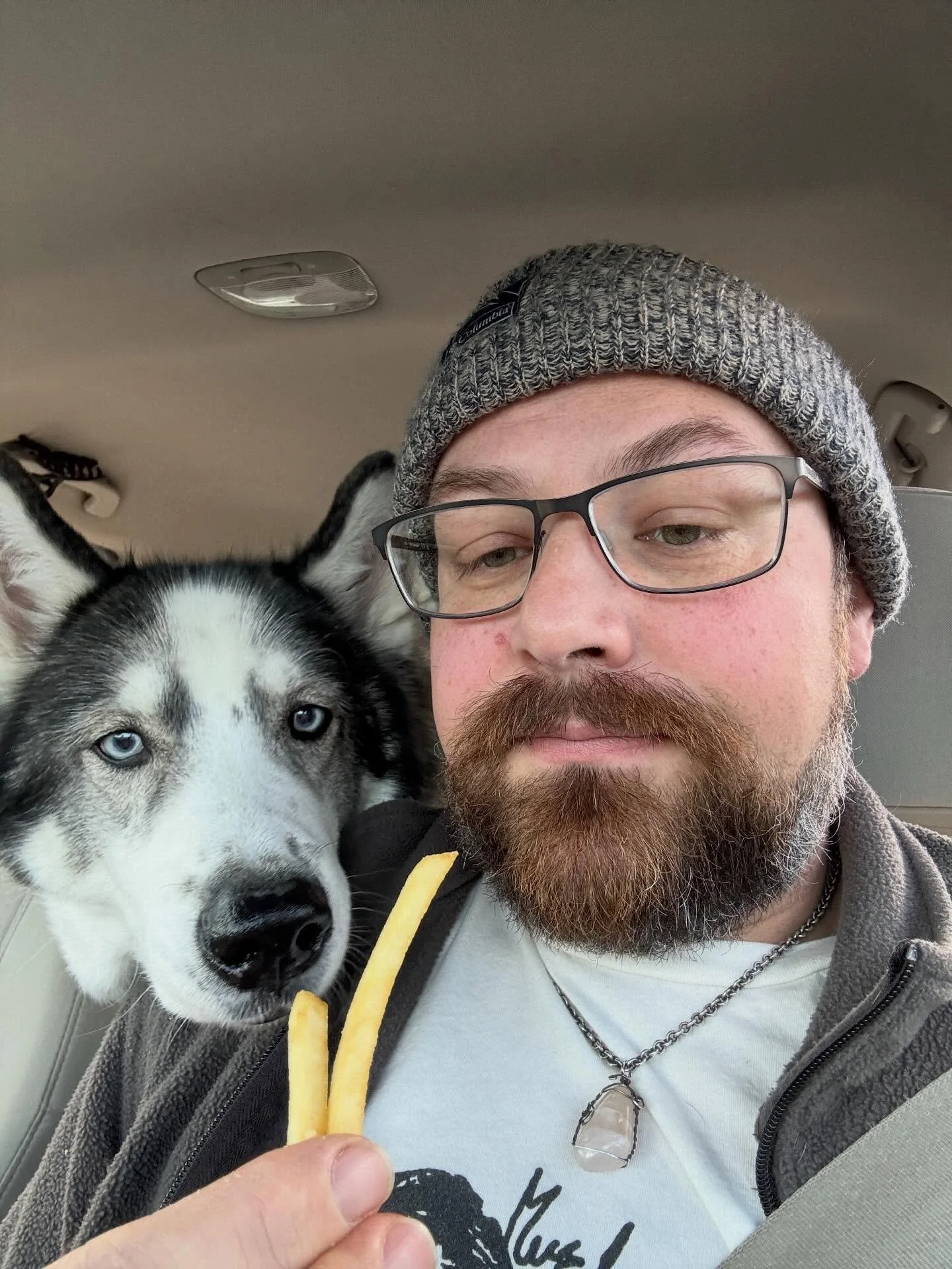 Can&rsquo;t shake this feeling that something is watching me eat&hellip; #husky #obvioushusky #friendfries #chickennugget