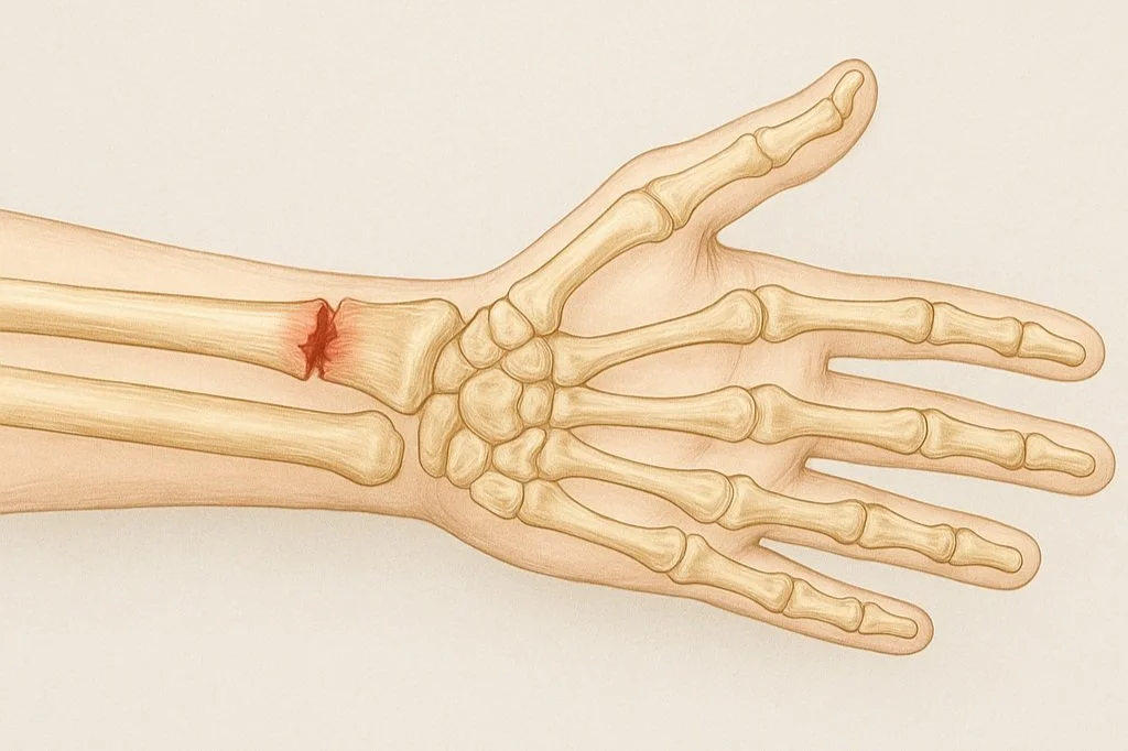 An illustration of a human hand showing bones and a wrist injury with inflammation.
