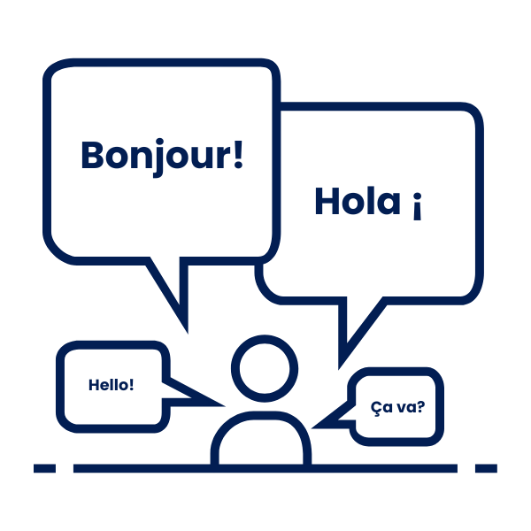 Line drawing of a person with speech bubbles containing greetings in different languages: 'Bonjour!', 'Hola;', 'Hello!', and 'Ça va?'
