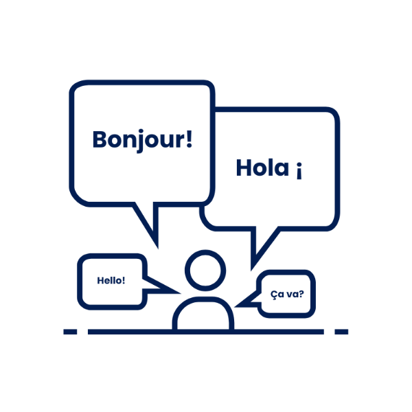Line drawing of a person at a desk with speech bubbles displaying greetings in different languages: 'Bonjour!', 'Hola!', 'Hello!', and 'C'est quoi?'