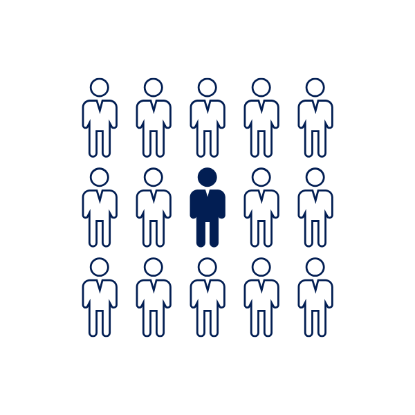 A grid of fifteen outline icons of people, with the middle icon filled in solid blue to represent a group or selection.