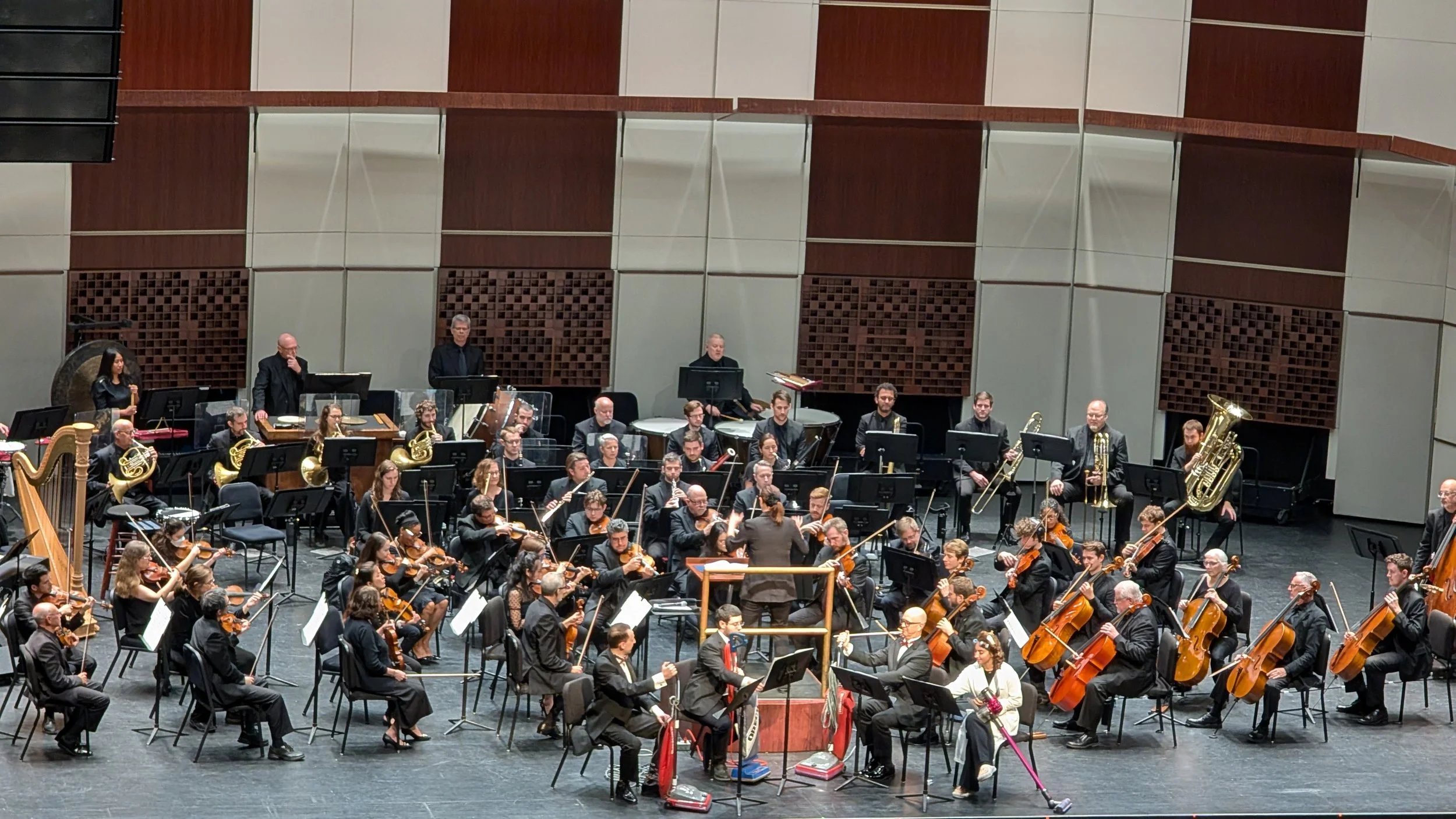 An orchestra performing on stage with musicians playing violins, cellos, and wind instruments, under the direction of a conductor, in a concert hall.