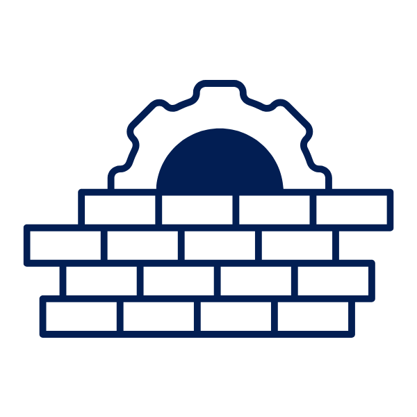 Outline of a brick wall with a semi-circle of gear partially visible behind it.