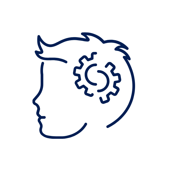 Line drawing of a person's profile with a gear and spiral inside the head, representing thinking or mental process.