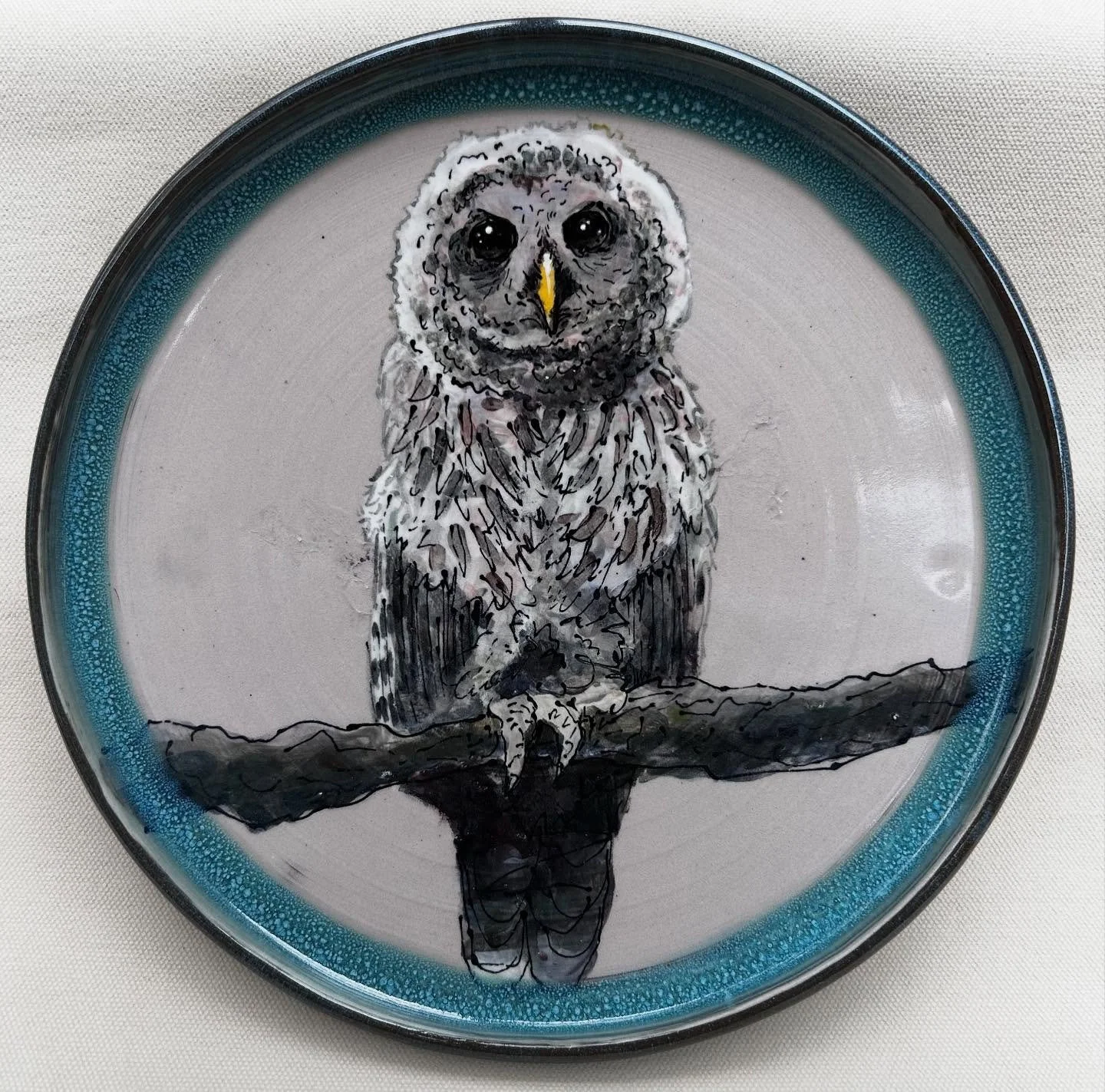 Owl 🦉 plate. 
@christiane.cottin.photography took a beautiful owl picture, thank you for letting me draw it. 💜💜💜

#plate 
#pottery
#animal 
#drawing