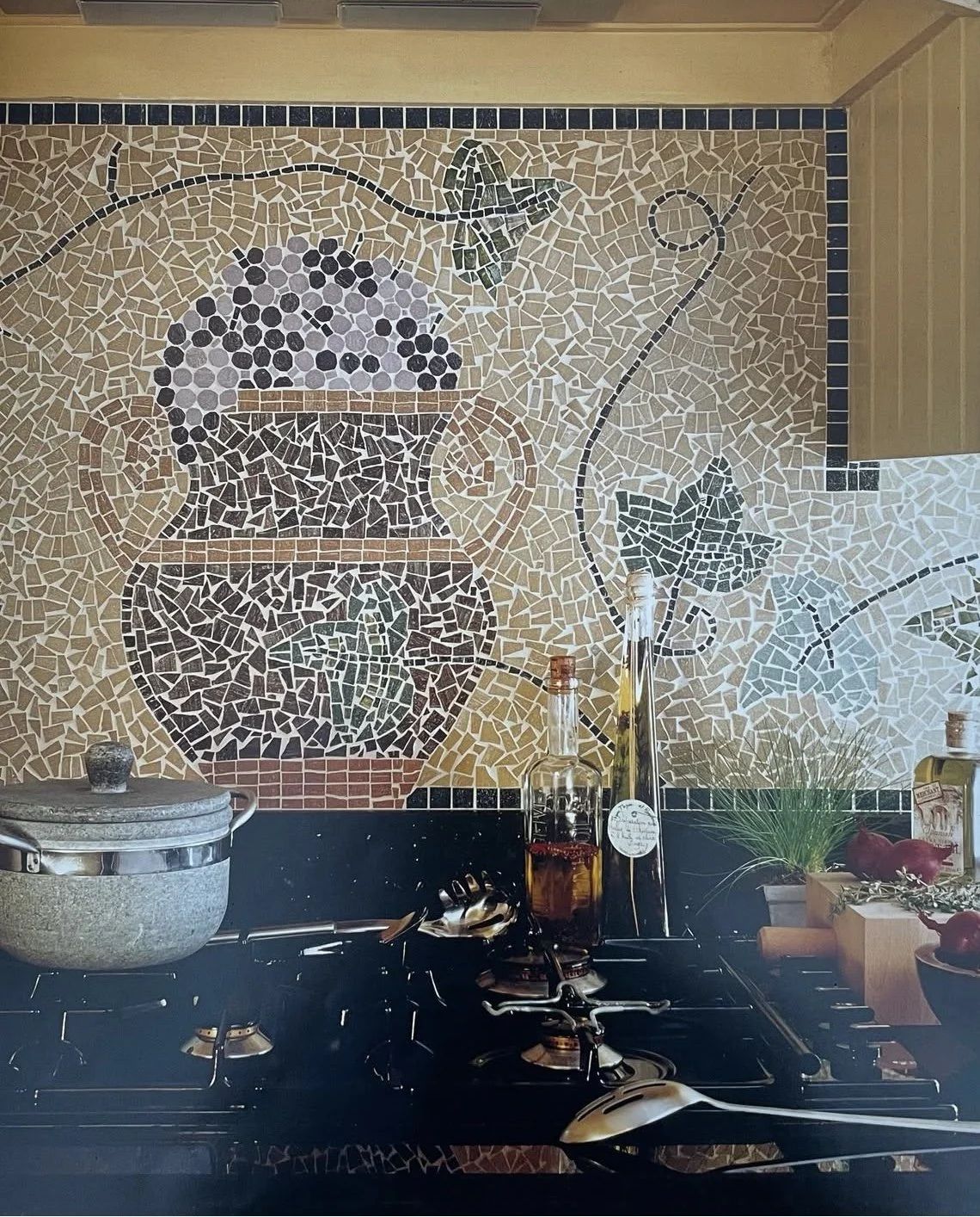 Urn, grapes and leaf mosaic for Kitchen hob and splashback area, New York