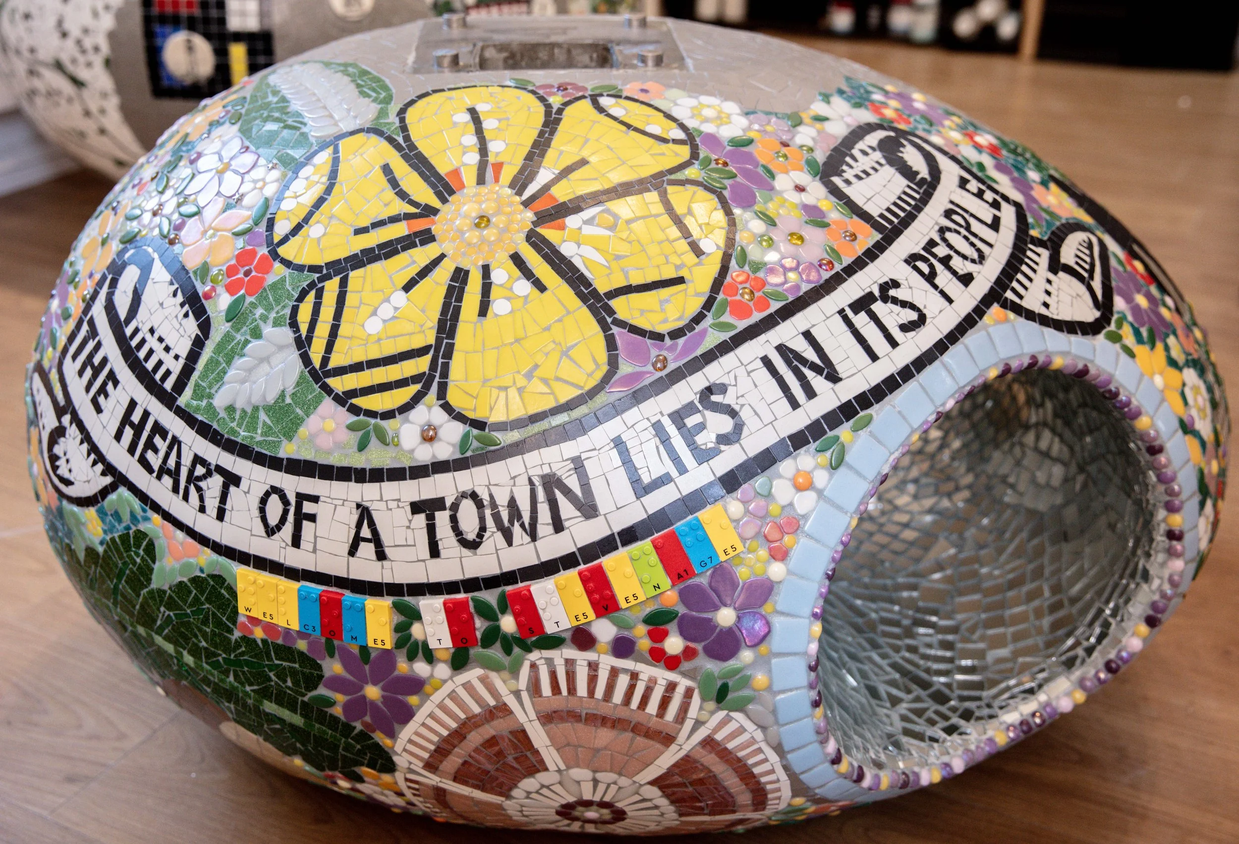 Stevenage Bus Interchange, Mosaic Sculpture "Stacked Stories". Commissioned by Stevenage Borough Council & Junction 7