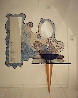 Swirl mosaic mirror and splashback for bathroom, London