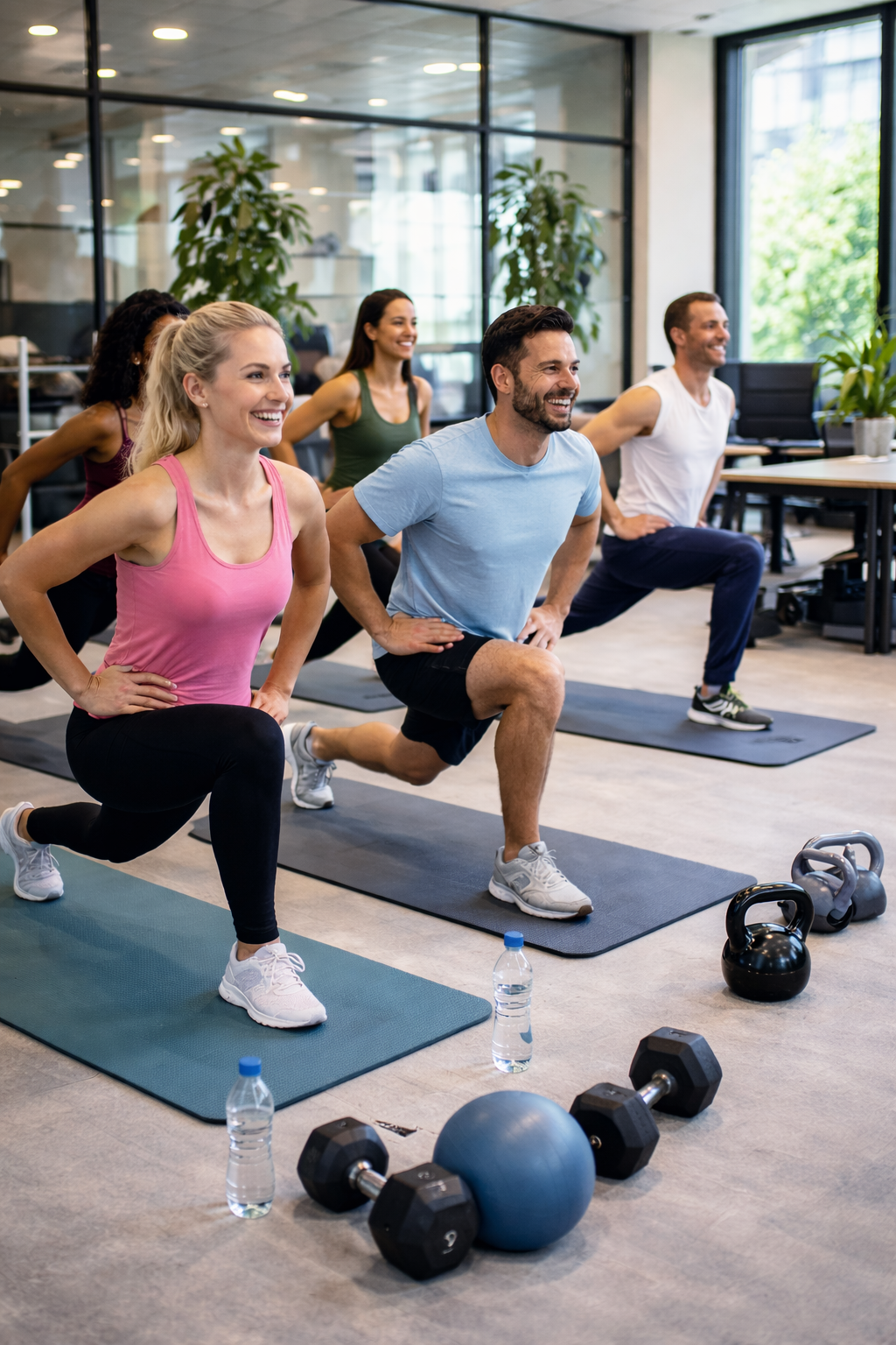 Groupe de personnes faisant des exercices de musculation ou de yoga dans une salle de sport, avec des kettlebells, bouteilles d'eau et ballons en premier plan.