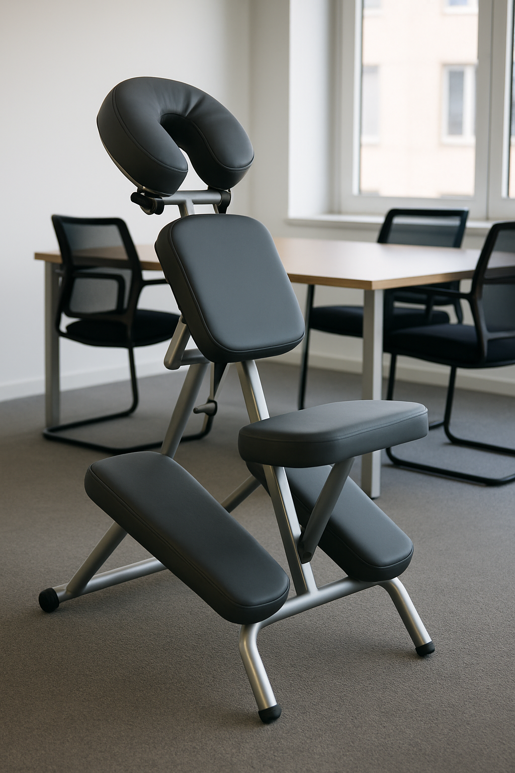Une chaise d'examen médical dans une salle de réunion avec d'autres chaises, près d'une fenêtre.