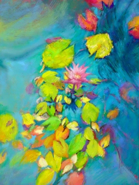 A colorful painting of water lilies floating on a pond, with reflections of the flowers and leaves in shades of pink, purple, green, and blue.