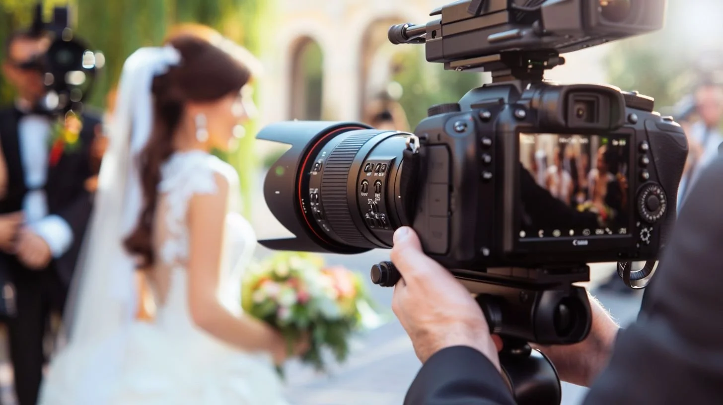 Camera capturing a bride in soft Provence sunlight at Le Mas de la Rose wedding, illustrating cinematic wedding photography and videography for luxury events in the South of France.