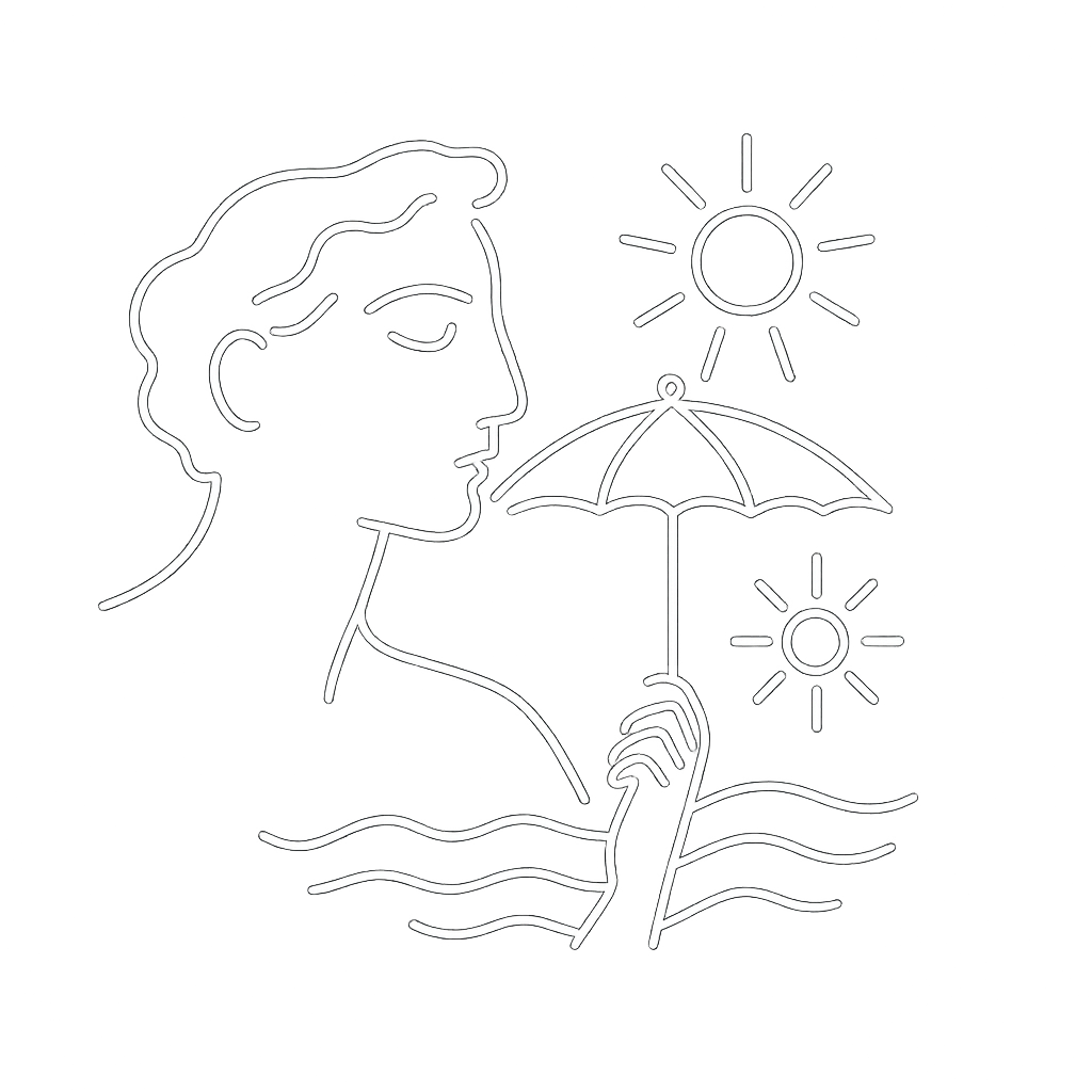 Cocteau-style illustration of a man holding a parasol by the sea with sun and waves, evoking French Riviera elegance and the journey behind curated luxury event experiences and entertainment.