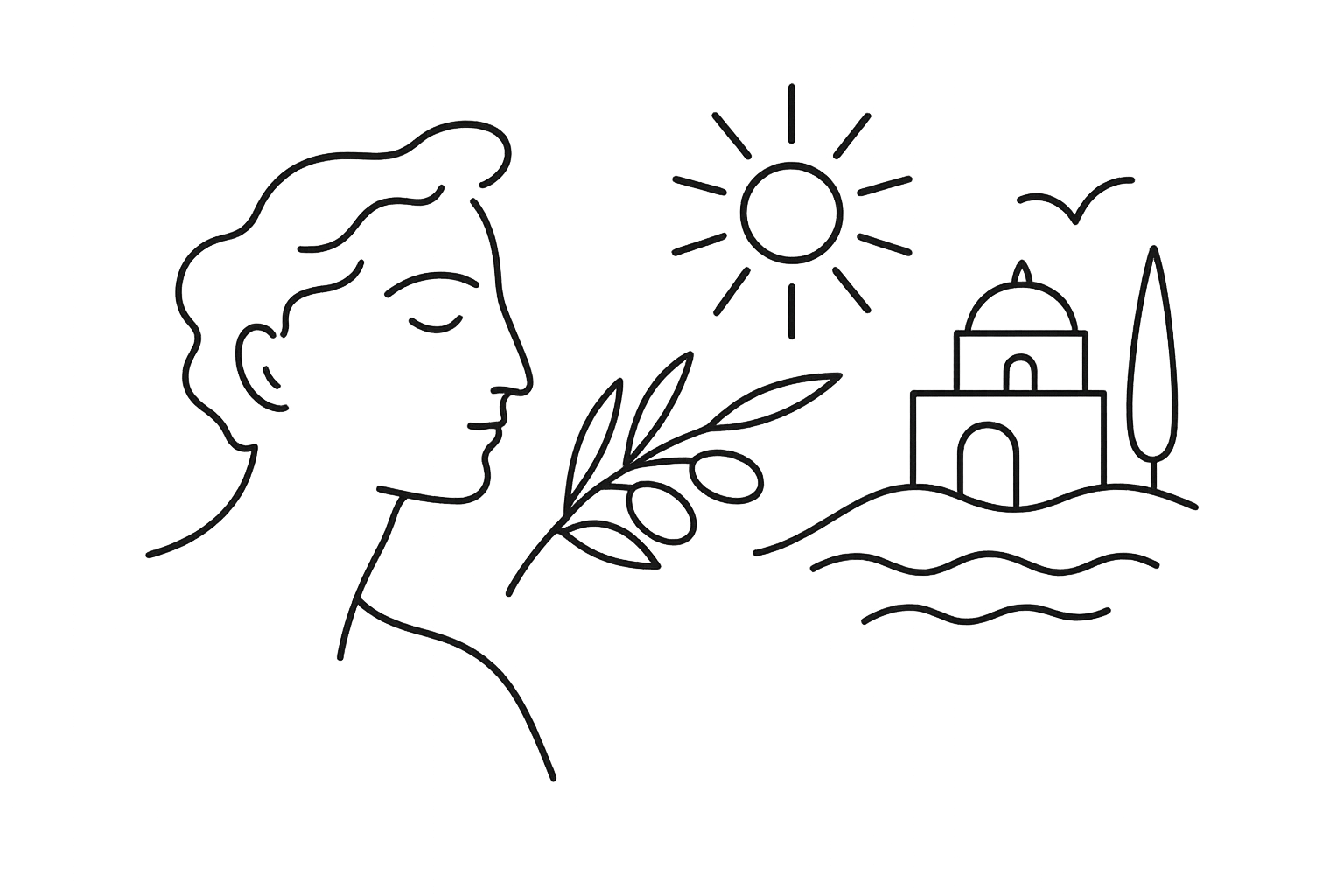 Cocteau-style illustration of a man with an olive branch, Mediterranean house, sea and sun, evoking the French Riviera lifestyle and used for luxury event services and curated experiences.