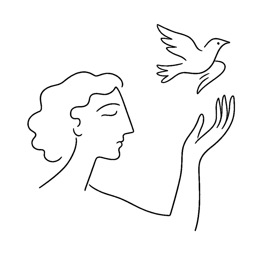 Elegant Cocteau-style illustration of a woman holding a dove, symbolizing peace and artistry, used as a visual element for luxury entertainment and event services on the French Riviera.