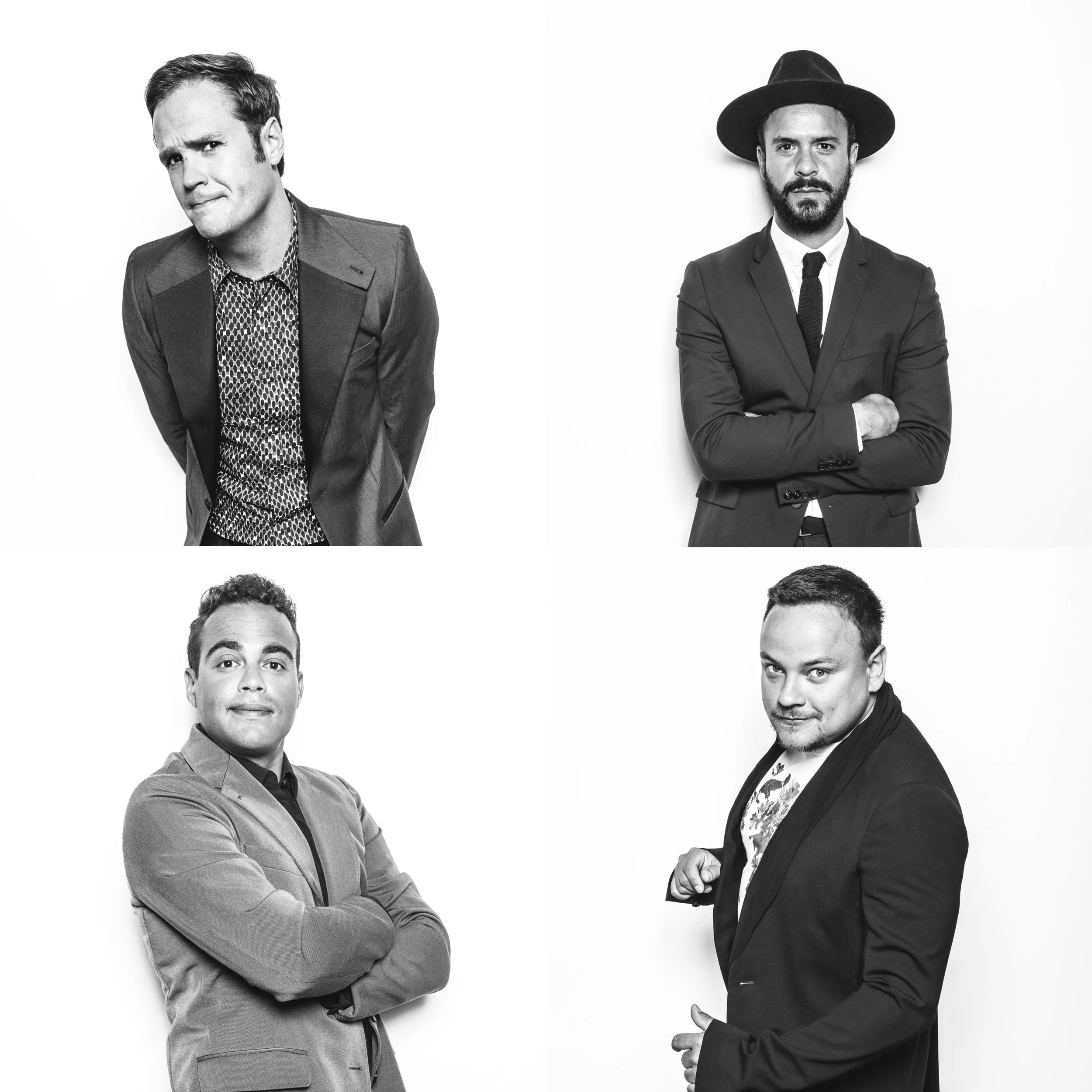 Black and white portrait of The Troubadours, founders of Parasol, a French Riviera roaming band known for luxury weddings and private events across the Mediterranean and beyond.