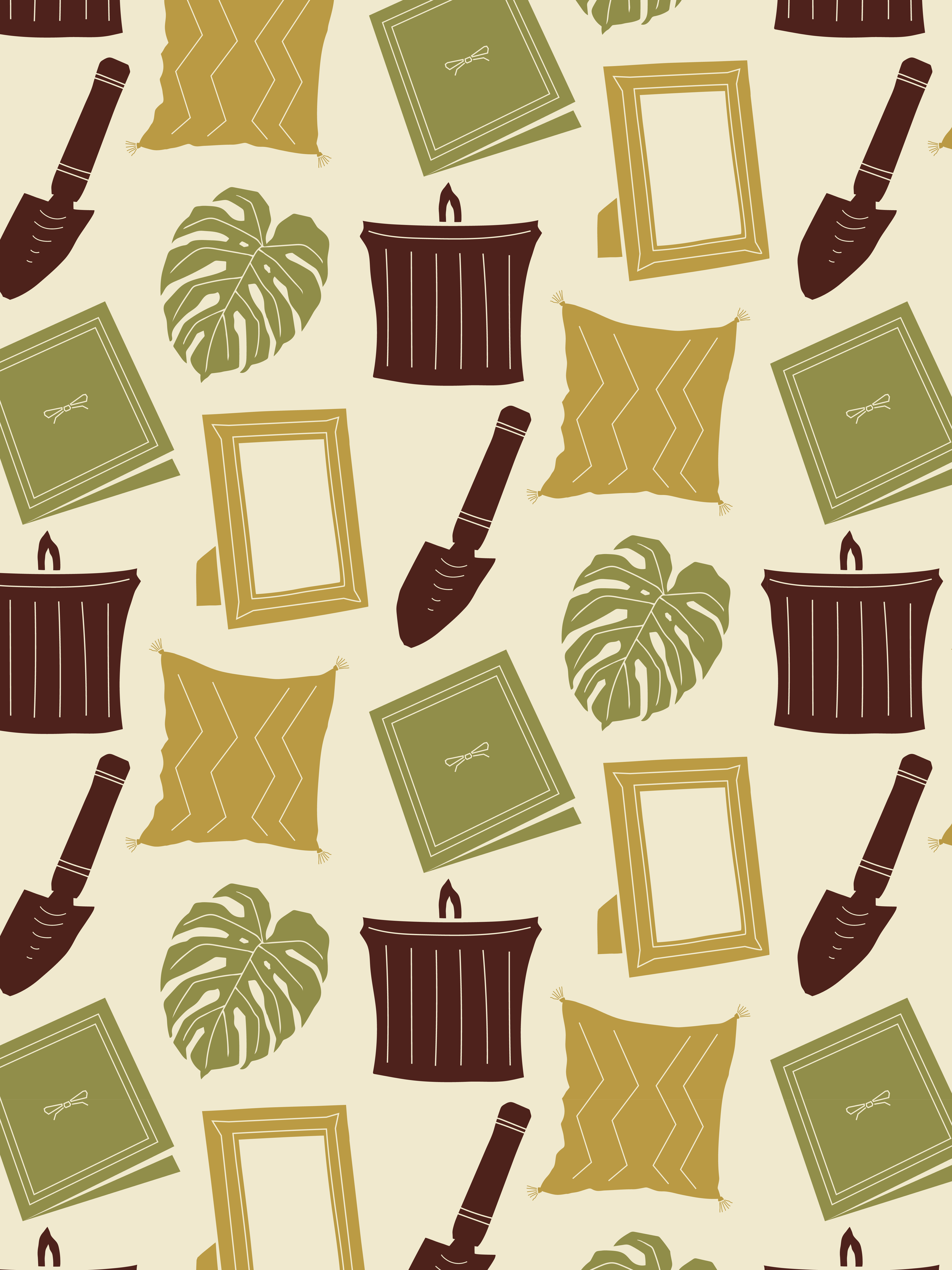 A patterned design featuring green leaf-shaped motifs, empty picture frames, candles, pillows, and shovels in olive green, beige, and dark brown on a light background.