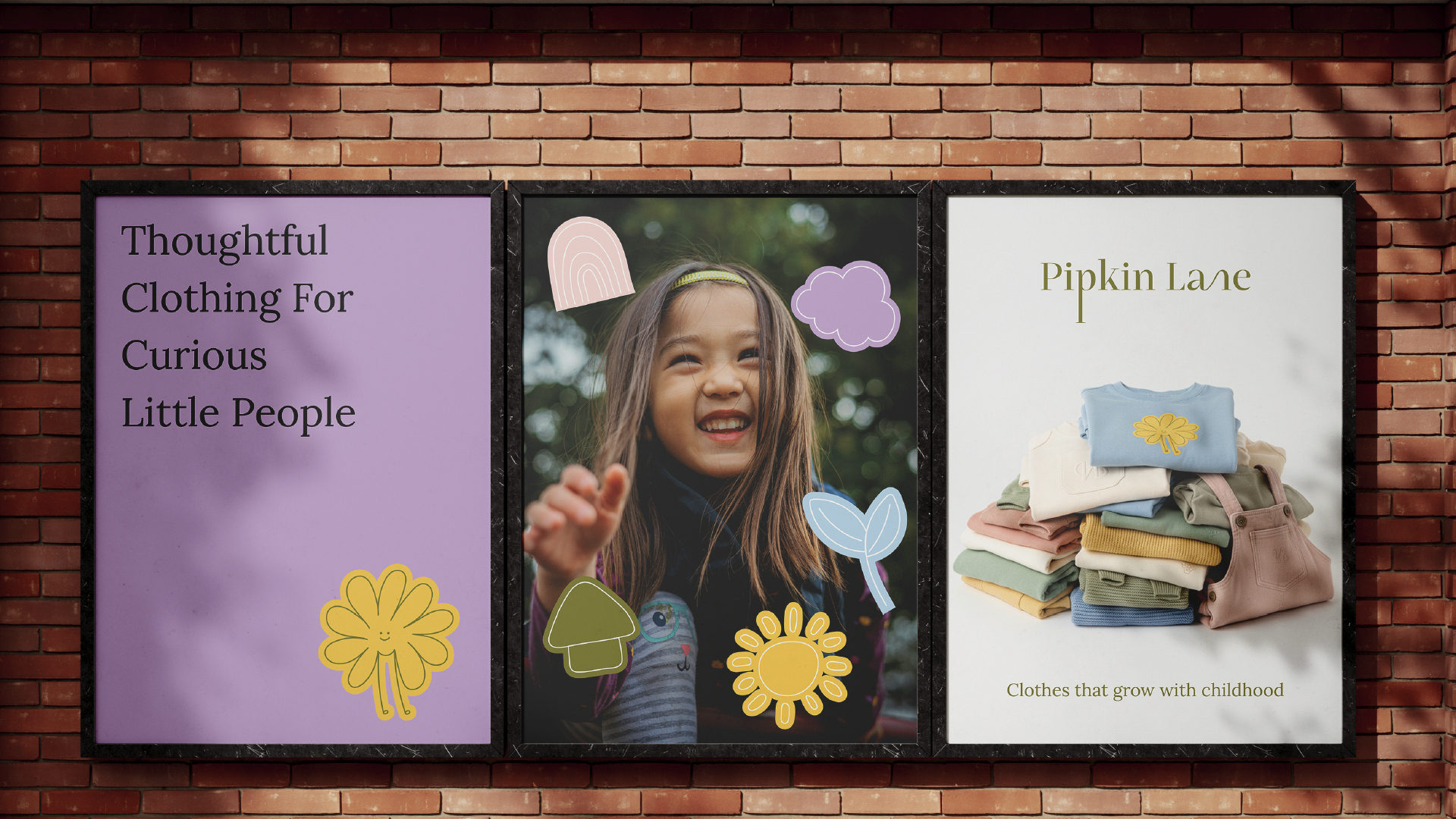 Three display windows on a brick wall. The left window has a purple background with black text that reads "Thoughtful Clothing For Curious Little People" and a yellow flower graphic. The middle window shows a smiling young girl with long brown hair, 