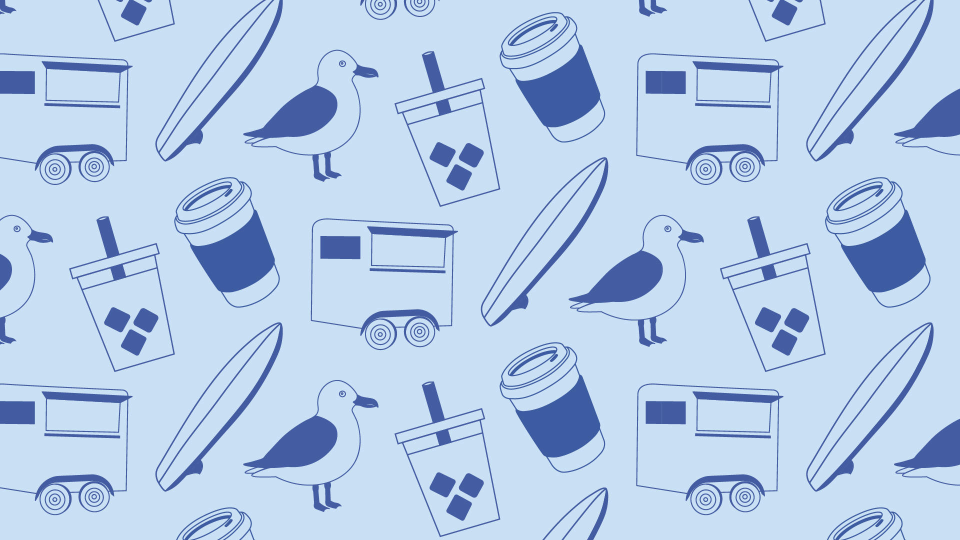 Seamless pattern with illustrations of seagulls, paper coffee cups, food trucks, and surfboards on a light blue background.