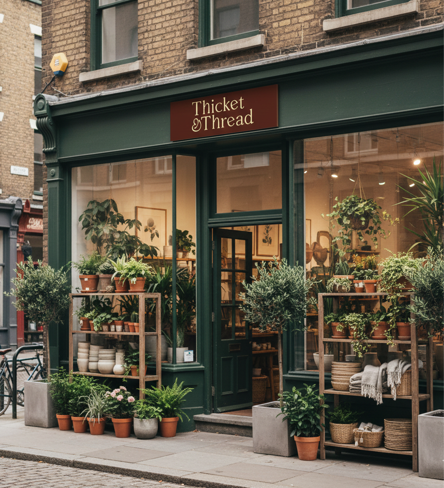 Exterior of a plant shop called Thicket & Thread with green facade, large window display, and potted plants outside on shelves and the sidewalk.