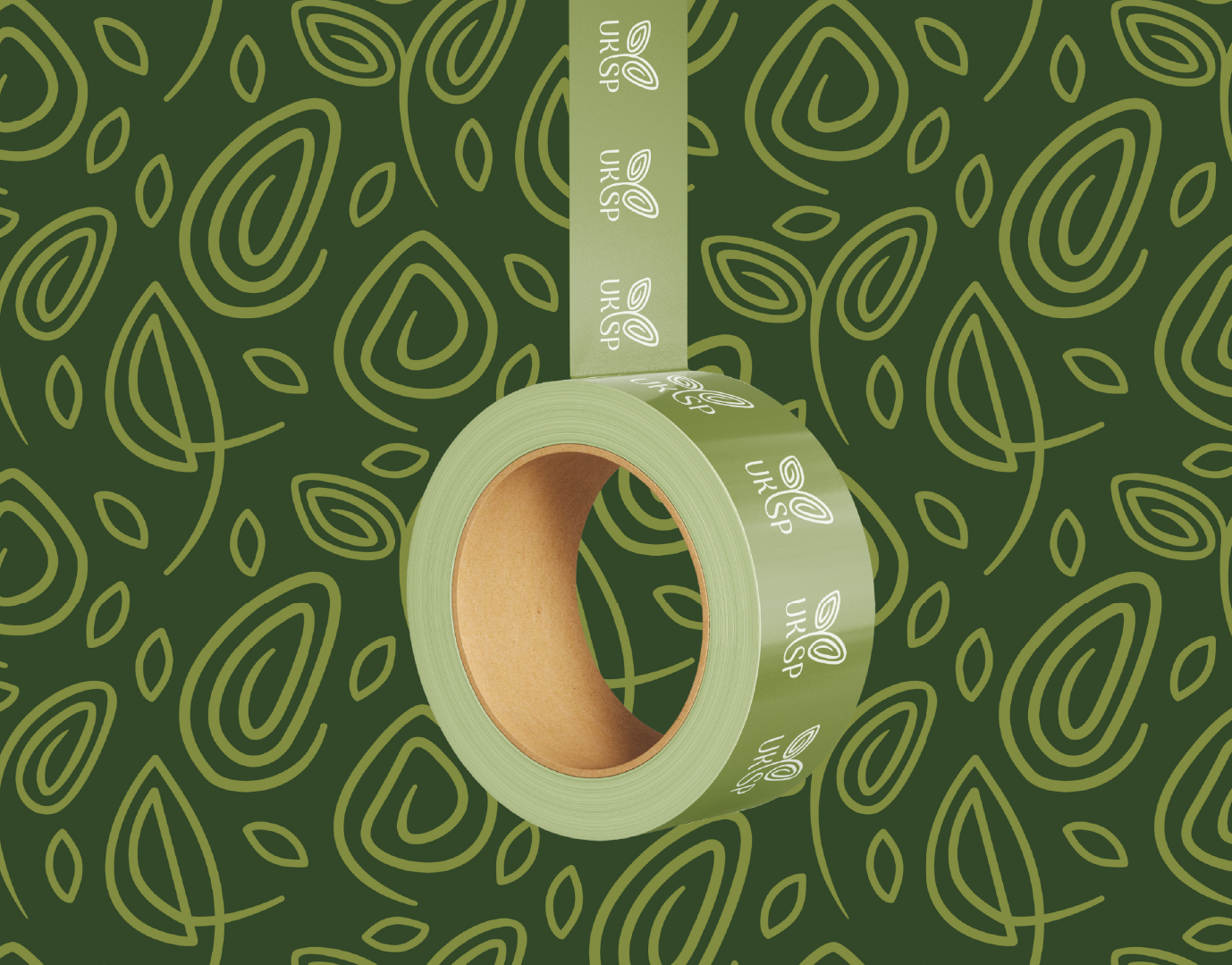 A roll of green branded tape with white logo and text, placed on a matching green background with a repetitive abstract leaf pattern.